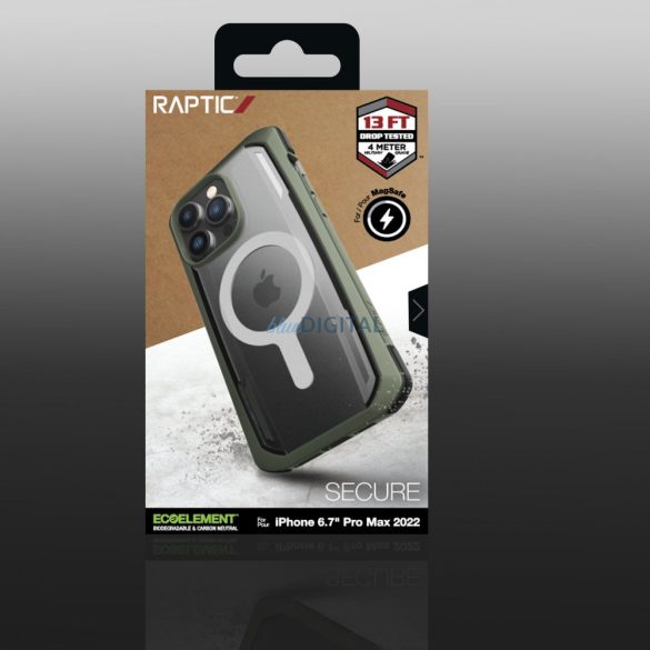 Raptic Secure tok iPhone 14 Pro Max készülékhez MagSafe páncélozott borítással zöld színű