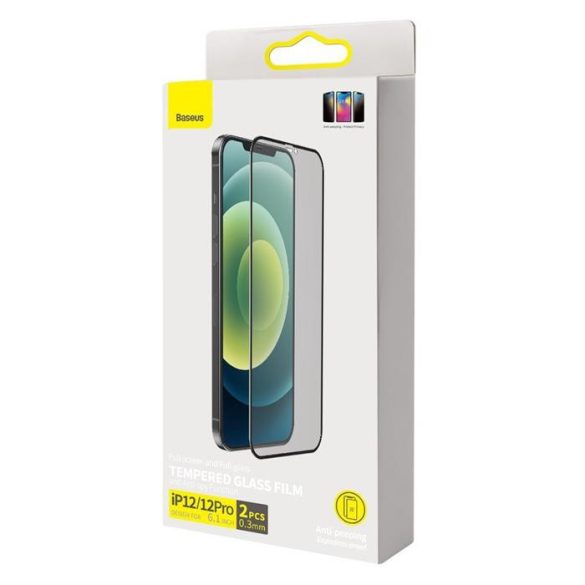 Baseus 2x Teljes képernyő 0,3 mm Anti Spy edzett üveg tempered glass kerettel iPhone 12 Pro / iPhone 12 (SGAPIPH61P-KS01) (tok-barát) üvegfólia