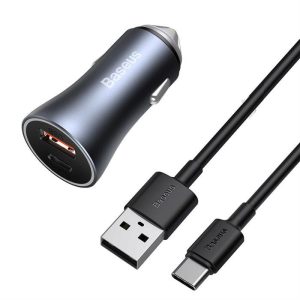 Baseus Arany Kontaktorok Pro gyors autós töltő Type-c USB / USB 40 W Power Delivery 3.0 Quick Charge 4+ SCP FCP AFC + USB - Type-c USB-kábel szürke (TZCCJD-0G)