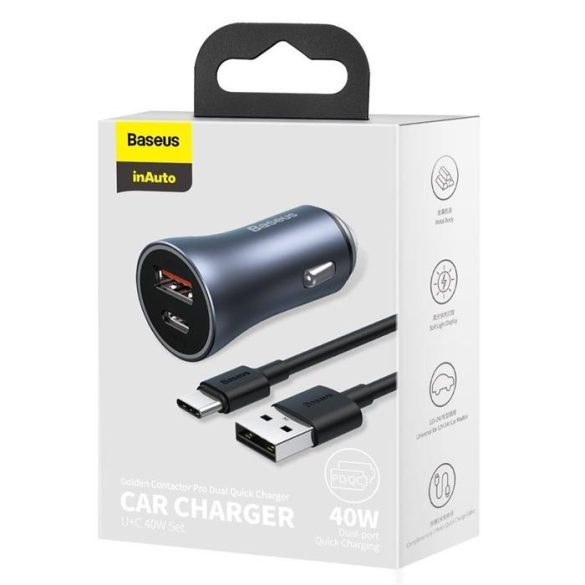 Baseus Arany Kontaktorok Pro gyors autós töltő Type-c USB / USB 40 W Power Delivery 3.0 Quick Charge 4+ SCP FCP AFC + USB - Type-c USB-kábel szürke (TZCCJD-0G)