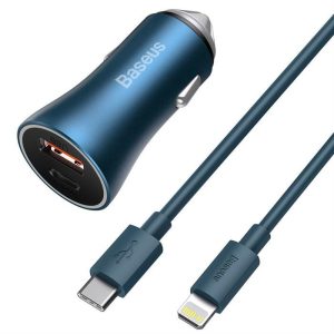 Baseus Arany Kontaktorok Pro gyors autós töltő Type-c USB / USB 40 W Power Delivery 3.0 Quick Charge 4+ SCP FCP AFC + USB Type-c - Lightning kábel kék (TZCCJD-03)