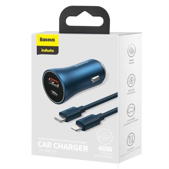 Baseus Arany Kontaktorok Pro gyors autós töltő Type-c USB / USB 40 W Power Delivery 3.0 Quick Charge 4+ SCP FCP AFC + USB Type-c - Lightning kábel kék (TZCCJD-03)