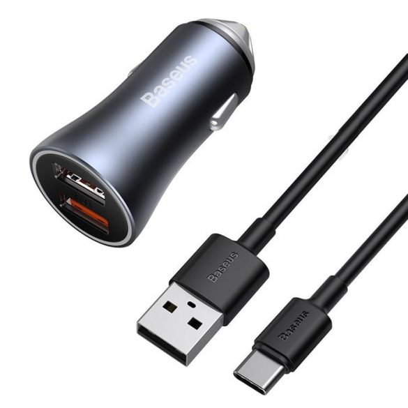 Baseus Arany Kontaktorok Pro gyors autós töltő 2 USB 40 W Quick Charge SCP FCP AFC + USB - Type-c USB-kábel szürke (TZCCJD-A0G)