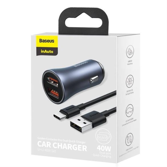 Baseus Arany Kontaktorok Pro gyors autós töltő 2 USB 40 W Quick Charge SCP FCP AFC + USB - Type-c USB-kábel szürke (TZCCJD-A0G)