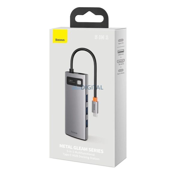 Baseus Metal Gleam Series 5 az 1-ben multifunkciós HUB USB Type C - USB Type C Power Delivery 100 W / HDMI 4K 30 Hz / 3x USB 3.2 Gen 1 (CAHUB-CX0G)