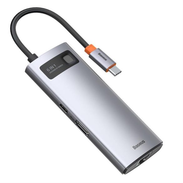 Baseus Fém Csillog 6in1 multifunkciós HUB USB-C - Type-c USB teljesítményleadás 100 W / HDMI 4K 30 Hz / 3x USB 3.2 Gen 1 / RJ45 1 Gbps (CAHUB-CW0G)