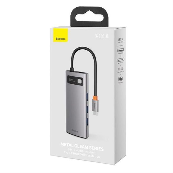 Baseus Fém Csillog 6in1 multifunkciós HUB USB-C - Type-c USB teljesítményleadás 100 W / HDMI 4K 30 Hz / 3x USB 3.2 Gen 1 / RJ45 1 Gbps (CAHUB-CW0G)