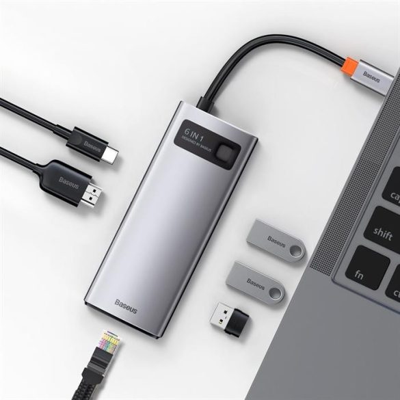 Baseus Fém Csillog 6in1 multifunkciós HUB USB-C - Type-c USB teljesítményleadás 100 W / HDMI 4K 30 Hz / 3x USB 3.2 Gen 1 / RJ45 1 Gbps (CAHUB-CW0G)