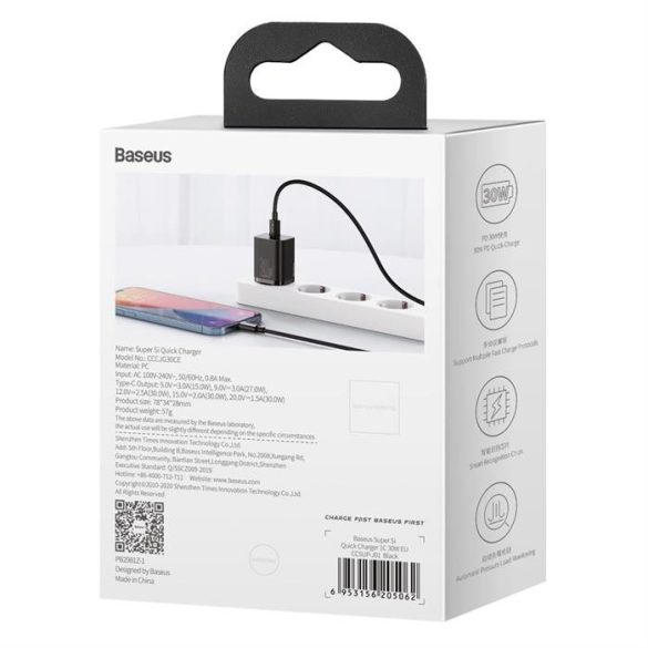 Baseus Super Si 1C gyors hálózati töltő USB-C 30 W Power Delivery Quick Charge fekete (CCSUP-J01)