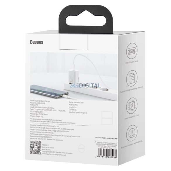 Baseus Si USB-C 25W 3A gyorstöltő USB-C / USB-C 1m-es kábellel - fehér