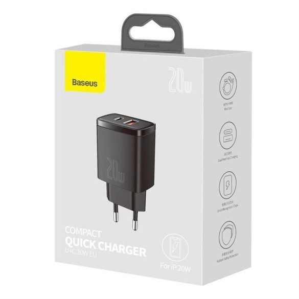 Baseus Kompakt gyorstöltő Type-c USB / USB 20 W 3-A Power Delivery Quick Charge 3.0 fekete (CCXJ-B01)