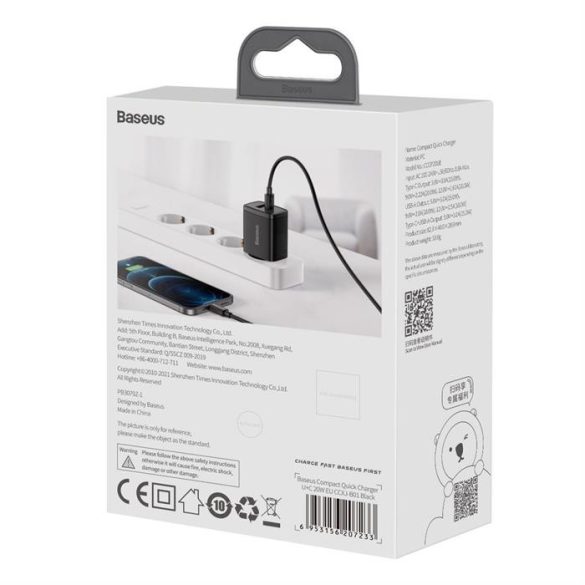 Baseus Kompakt gyorstöltő Type-c USB / USB 20 W 3-A Power Delivery Quick Charge 3.0 fekete (CCXJ-B01)