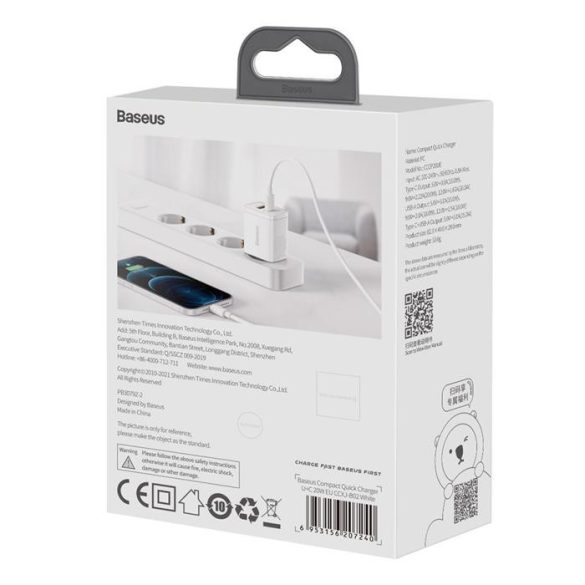 Baseus Kompakt gyorstöltő Type-c USB / USB 20 W 3-A Power Delivery Quick Charge 3.0 fehér (CCXJ-B02)