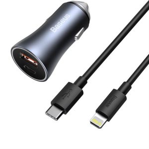 Baseus Arany Kontaktorok Pro gyors autós töltő Type-c USB / USB 40 W Power Delivery 3.0 Quick Charge 4+ SCP FCP AFC + USB Type-c - Lightning kábel szürke (TZCCJD-B0G)