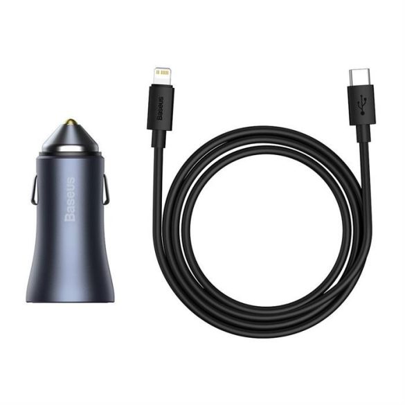 Baseus Arany Kontaktorok Pro gyors autós töltő Type-c USB / USB 40 W Power Delivery 3.0 Quick Charge 4+ SCP FCP AFC + USB Type-c - Lightning kábel szürke (TZCCJD-B0G)