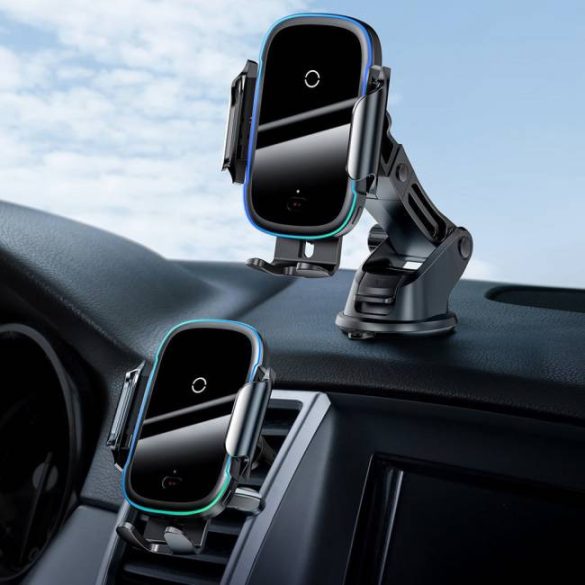 Baseus smart jármű Konzol vezeték nélküli Qi töltő 15W Elektromos Auto Car konzol Autós légbeömlőre rögzíthető fekete (WXHW03-01)