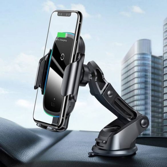 Baseus smart jármű Konzol vezeték nélküli Qi töltő 15W Elektromos Auto Car konzol Autós légbeömlőre rögzíthető fekete (WXHW03-01)