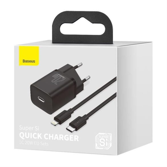 Baseus Super Si 1C gyors hálózati töltő USB-C 20 W Power Delivery + Type-c USB - Lightning kábel 1 m fekete (TZCCSUP-B01)