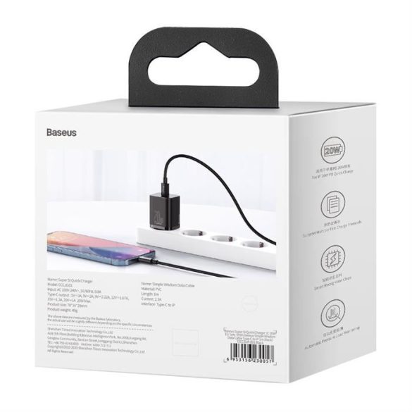 Baseus Super Si 1C gyors hálózati töltő USB-C 20 W Power Delivery + Type-c USB - Lightning kábel 1 m fekete (TZCCSUP-B01)