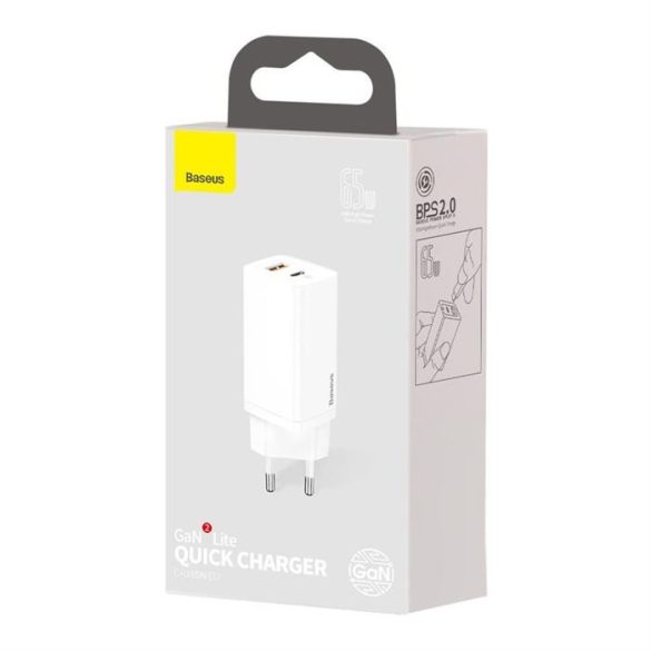 BASEUS GAN2 LITE gyors FALL Töltő 65W USB / USB Type-c Gyors töltés 3.0 Power Delivery (gallium-nitrid) fehér (CCGAN2L-B02)