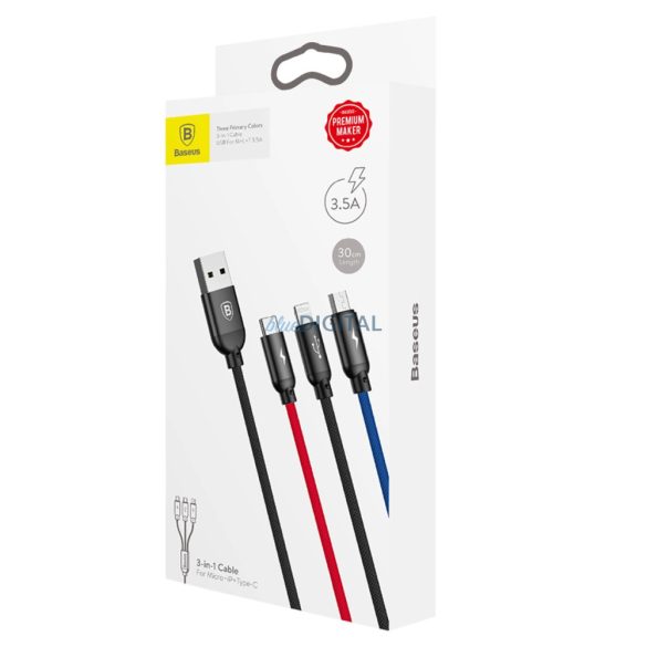 Baseus Three Primary Colors USB-A - microUSB / Lightning / Type-C kábel 3.5A 0.3m - fekete