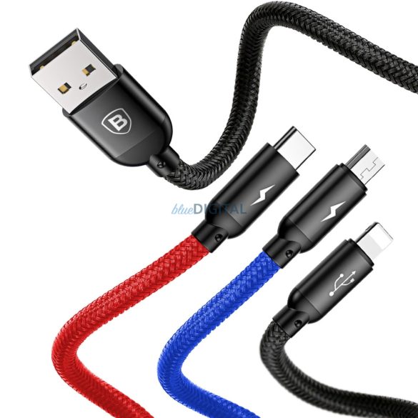 Baseus Three Primary Colors USB-A - microUSB / Lightning / Type-C kábel 3.5A 0.3m - fekete