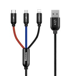   Baseus három alapszín USB - micro USB / Lightning / USB - C kábel Nylon zsinór 3.5A 1,2m fekete (CAMLT - BSY01)