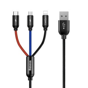 Baseus három alapszín USB - micro USB / Lightning / USB - C kábel Nylon zsinór 3.5A 1,2m fekete (CAMLT - BSY01)