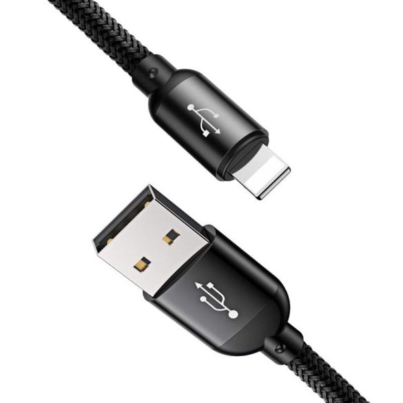 Baseus három alapszín USB - micro USB / Lightning / USB - C kábel Nylon zsinór 3.5A 1,2m fekete (CAMLT - BSY01)