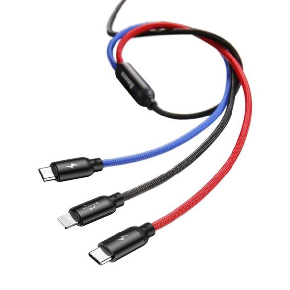 Baseus három alapszín USB - micro USB / Lightning / USB - C kábel Nylon zsinór 3.5A 1,2m fekete (CAMLT - BSY01)