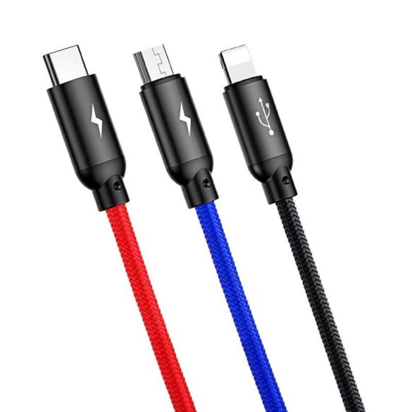 Baseus három alapszín USB - micro USB / Lightning / USB - C kábel Nylon zsinór 3.5A 1,2m fekete (CAMLT - BSY01)