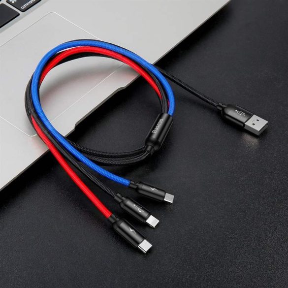 Baseus három alapszín USB - micro USB / Lightning / USB - C kábel Nylon zsinór 3.5A 1,2m fekete (CAMLT - BSY01)