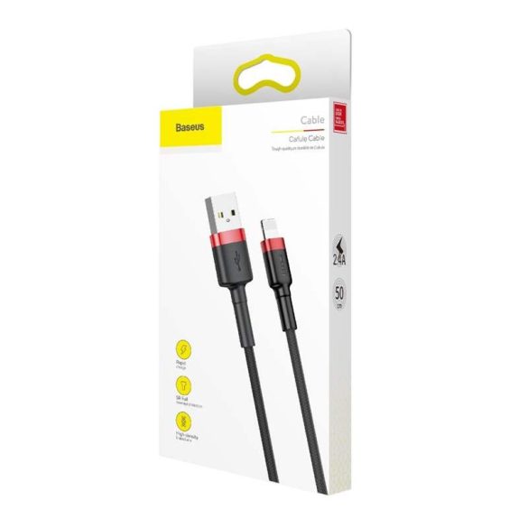 Baseus Cafule Kábel tartós nylon fonott USB / Lightning QC3.0 2.4a 0,5M fekete-piros (CALKLF-A19)