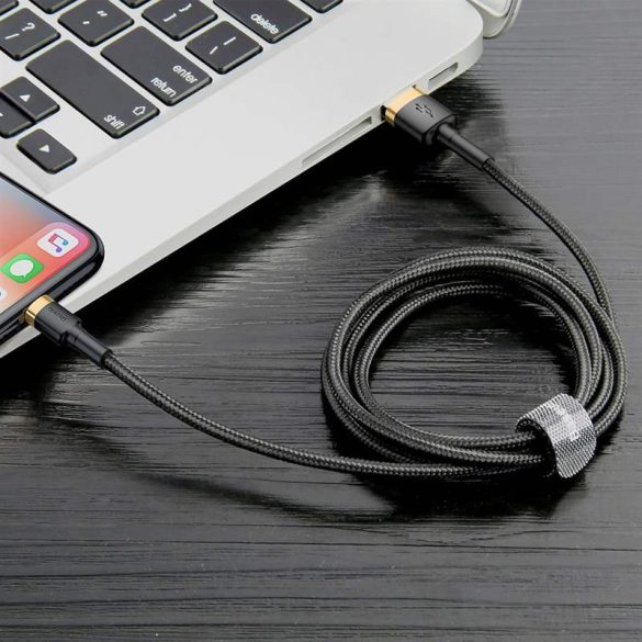 Baseus Cafule Kábel tartós nylon fonott USB / Lightning QC3.0 1.5A 2M fekete-arany (CALKLF-CV1)