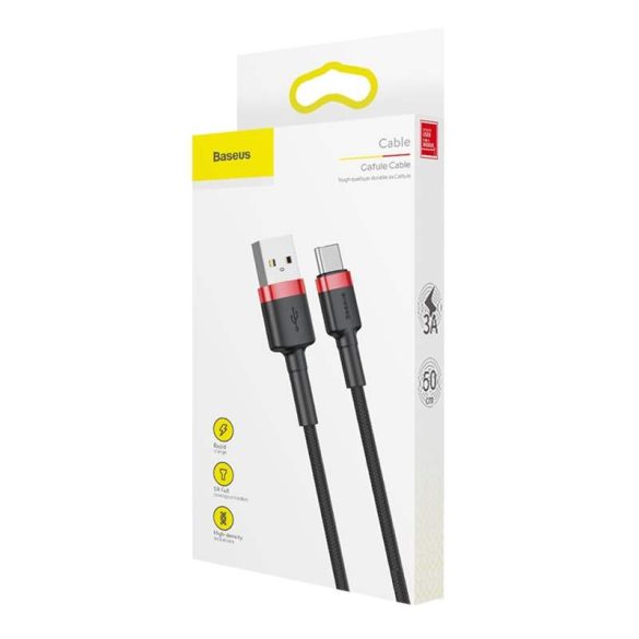 Baseus Cafule Kábel tartós nylon litzehuzal USB / USB - C QC3.0 3A 0,5M fekete - piros (CATKLF - A91)