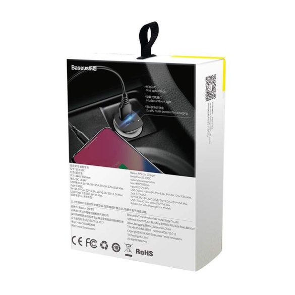 Baseus tér PPS univerzális smart autós töltő USB Quick Charge 4.0 QC 4.0 és USB-C PD 3,0 SCP fekete (CCALL-AS01)