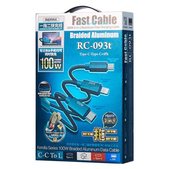Remax Kerolla sorozat 2in1 Gyors kábel USB type-c - USB type-c + Lightning PD QC AFC FCP 100W 1M kék (RC-093CCL)