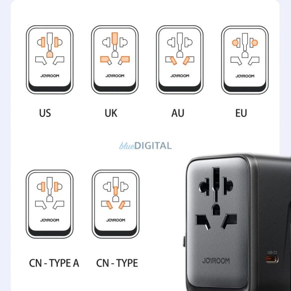 Joyroom JR-TCW02 EU/US/JP/AU/UK/CN univerzális utazó adapter 65W - fekete