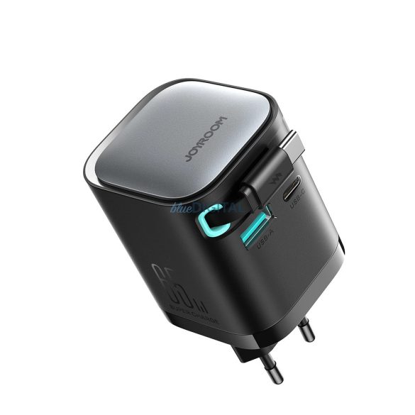 Joyroom JR-TCL02 hálózati töltő 1xUSB-A és 1x-USB-C csatlakozással és visszahúzható Type-C kábellel GaN 65W - fekete