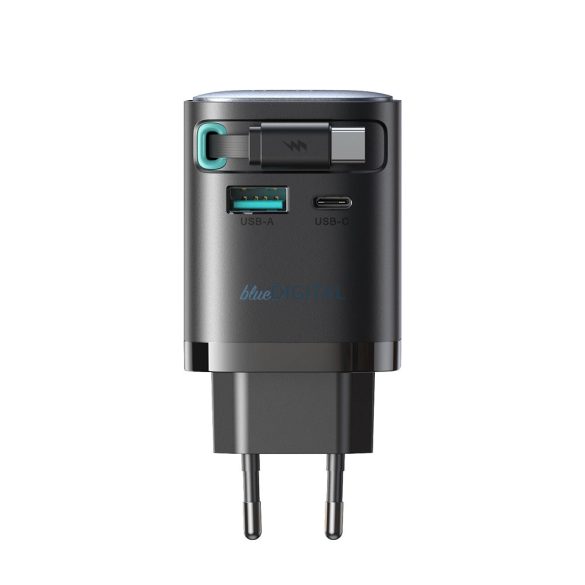 Joyroom JR-TCL02 hálózati töltő 1xUSB-A és 1x-USB-C csatlakozással és visszahúzható Type-C kábellel GaN 65W - fekete