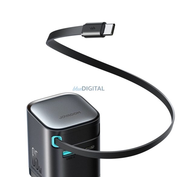 Joyroom JR-TCL02 hálózati töltő 1xUSB-A és 1x-USB-C csatlakozással és visszahúzható Type-C kábellel GaN 65W - fekete