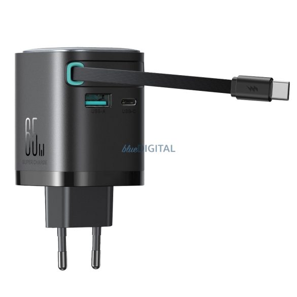 Joyroom JR-TCL02 hálózati töltő 1xUSB-A és 1x-USB-C csatlakozással és visszahúzható Type-C kábellel GaN 65W - fekete