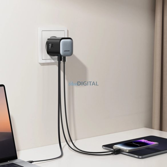 Joyroom JR-TCL02 hálózati töltő 1xUSB-A és 1x-USB-C csatlakozással és visszahúzható Type-C kábellel GaN 65W - fekete