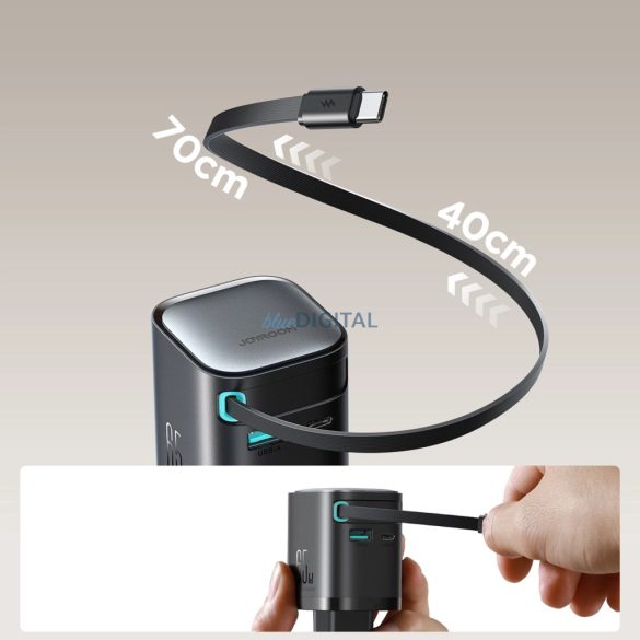 Joyroom JR-TCL02 hálózati töltő 1xUSB-A és 1x-USB-C csatlakozással és visszahúzható Type-C kábellel GaN 65W - fekete