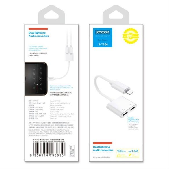 Joyroom Lightning - 2x Lightning fülhallgató-adapter audio és a töltés fehér (S-Y104)