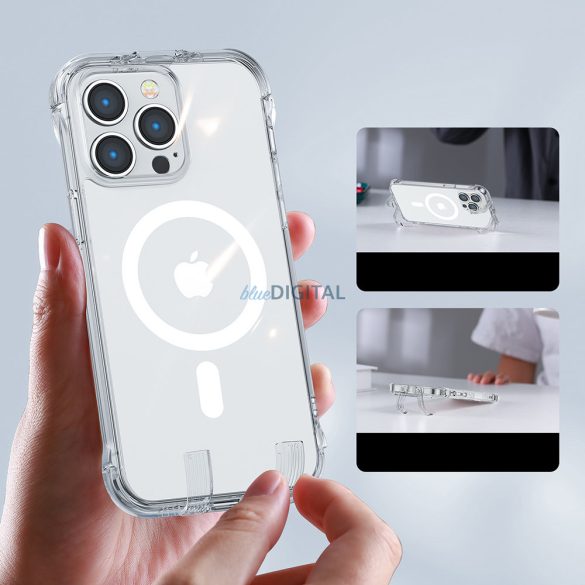 Joyroom Magnetic Defender mágneses tok iPhone 14 páncélozott tok kampókkal Állvány átlátszó (MagSafe kompatibilis)