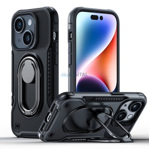 Joyroom Dual Hinge tok iPhone 14 Armor tok állvánnyal és gyűrűs kitámasztóval fekete