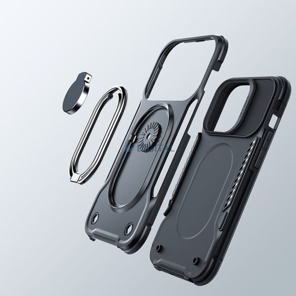 Joyroom Dual Hinge tok iPhone 14 Armor tok állvánnyal és gyűrűs kitámasztóval fekete