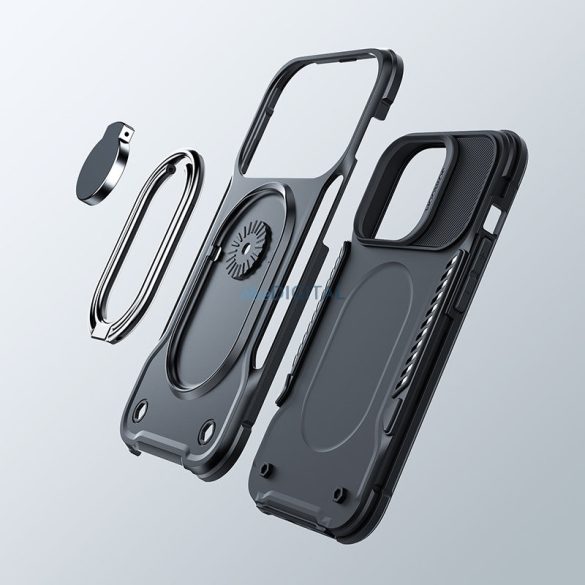 Joyroom Dual Hinge tok iPhone 14 Pro Armor tok állvánnyal és gyűrűs kitámasztóval fekete