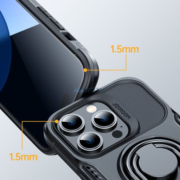 Joyroom Dual Hinge tok iPhone 14 Pro Armor tok állvánnyal és gyűrűs kitámasztóval fekete
